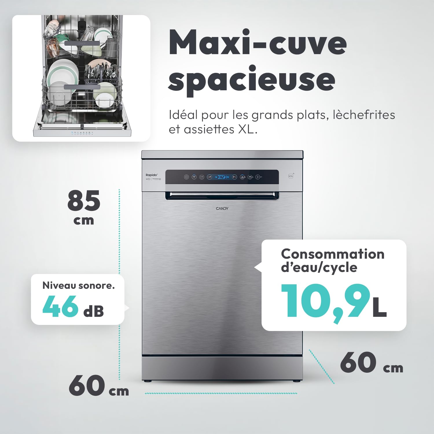 CANDY - Lave-Vaisselle - Pose Libre - 14 Couverts - Classe Énergétique C - Maxi Cuve, Wash & Dry 35 min, Ouverture Automatique, Contrôle à Distance - Inox - 60 x 82 cm - Modèle CF 4C6F0X