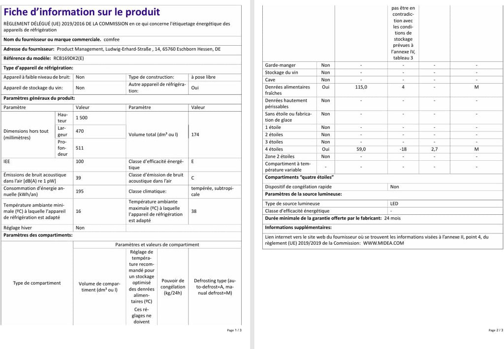 Comfee' RCB169DK2(E) 174L Réfrigérateur avec Congélateur/Hauteur 150 cm/Low Frost/Température Réglable du Réfrigérateur/Lumière LED/195 kWh/an/115L Réfrigérateur/59L Congélateur/Noir