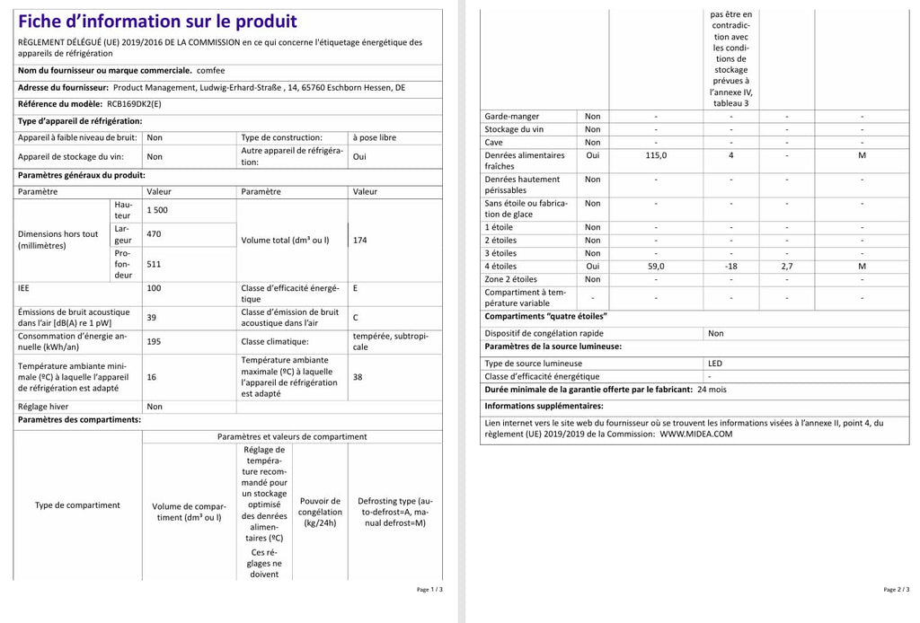 Comfee' RCB169DK2(E) 174L Réfrigérateur avec Congélateur/Hauteur 150 cm/Low Frost/Température Réglable du Réfrigérateur/Lumière LED/195 kWh/an/115L Réfrigérateur/59L Congélateur/Noir