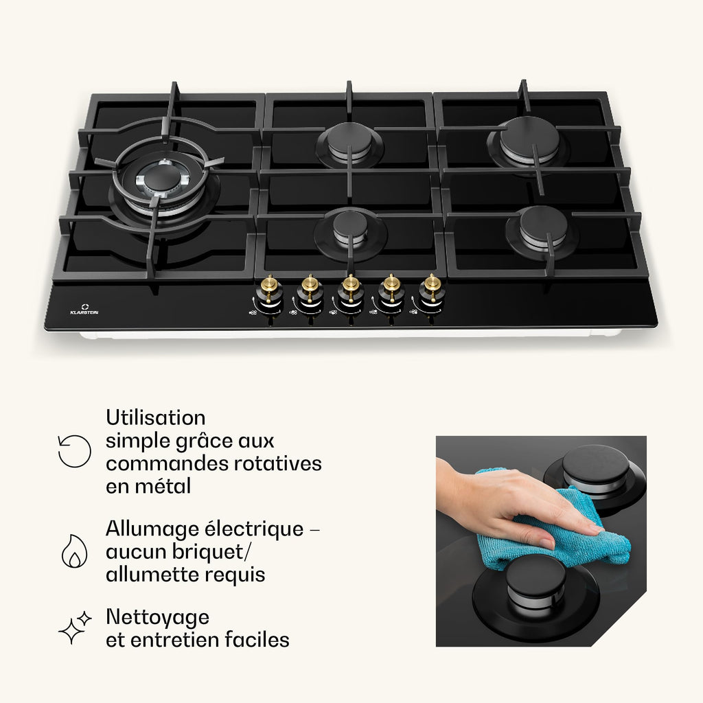 Klarstein Table de Cuisson à Gaz avec 5 Brûleurs – Plaque de Cuisson Encastrable 11100W, Surface en Acier Inoxydable, Compatible GPL