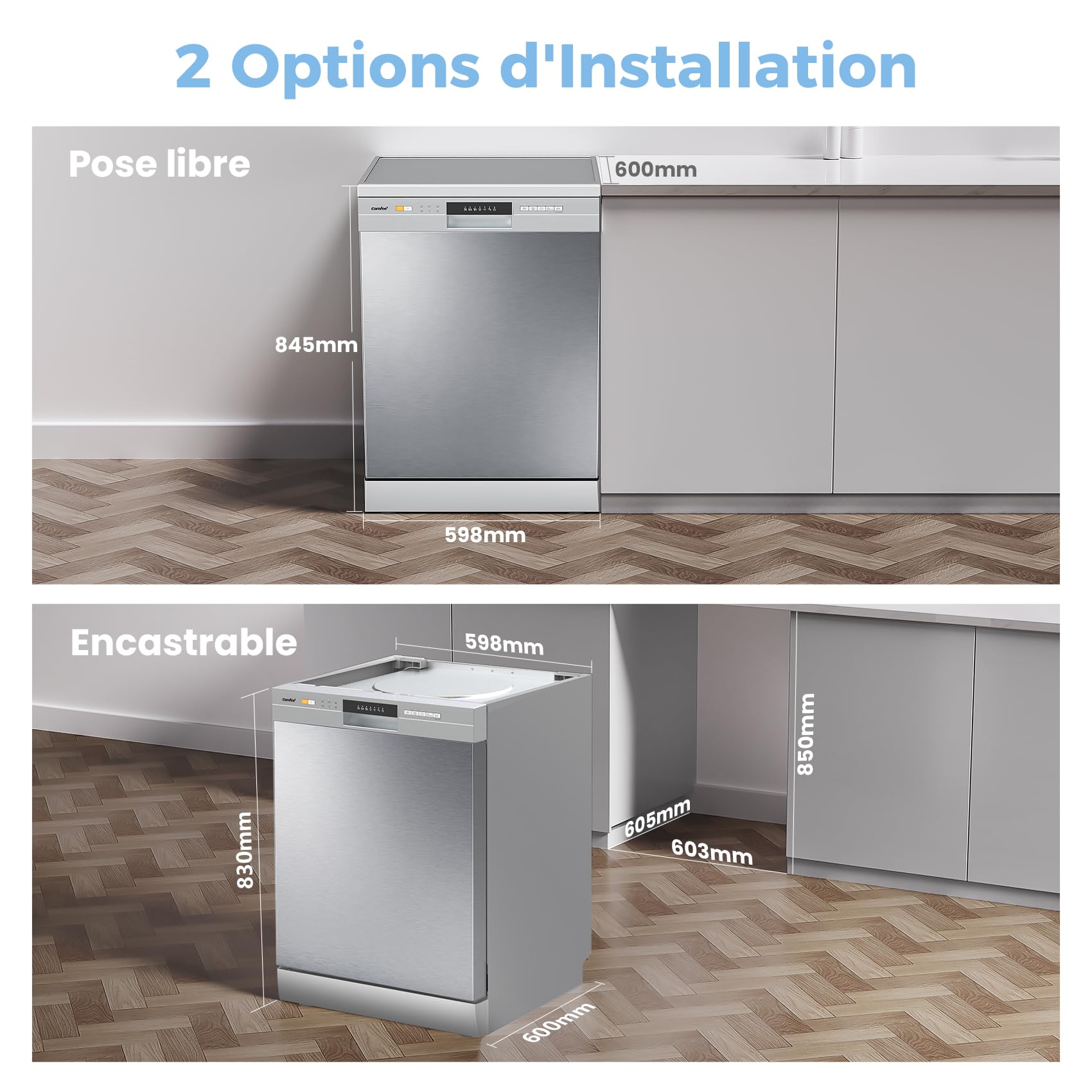 COMFEE' CDWPF1201PS Lave-vaisselle Pose Libre, 60 cm, 12 couverts, départ différé, fonction demi-charge, paniers flexibles - Acier Inoxydable, 49 dB, Commande Bouton