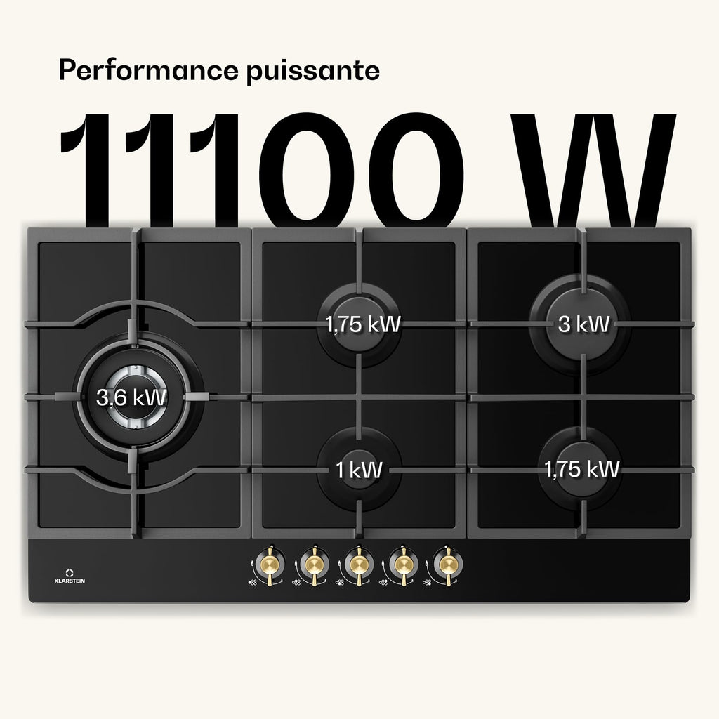 Klarstein Table de Cuisson à Gaz avec 5 Brûleurs – Plaque de Cuisson Encastrable 11100W, Surface en Acier Inoxydable, Compatible GPL