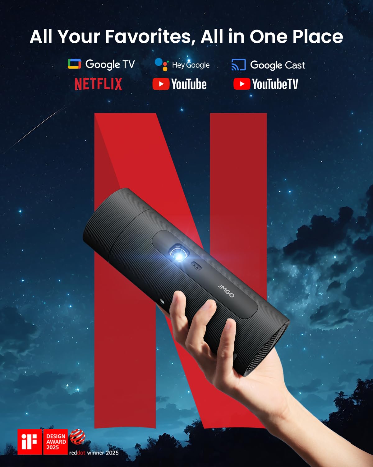JMGO PicoFlix Mini Videoprojecteur Portable Extérieur avec Google TV, Netflix, 1080P, 420 ISO Lumens, Batterie de 4,5 Heures, Vidéoprojecteur Home Cinéma 200", HDR10, Gimbal, Haut-parleurs 10W