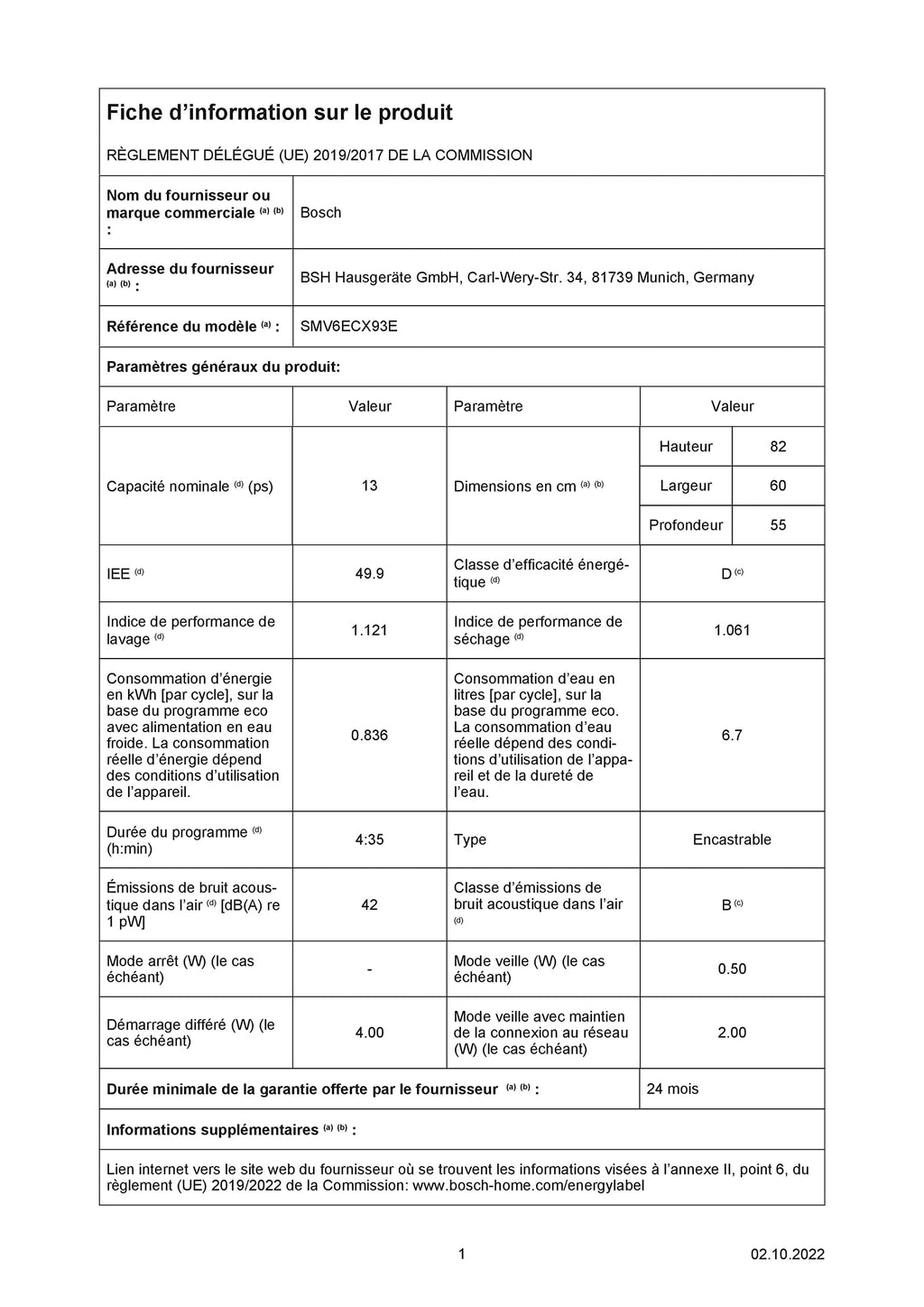 Bosch SMV6ECX93E, Série 6, Lave-vaisselle tout encastrable, Home Connect, 13 couverts, Silence Plus 40 dB