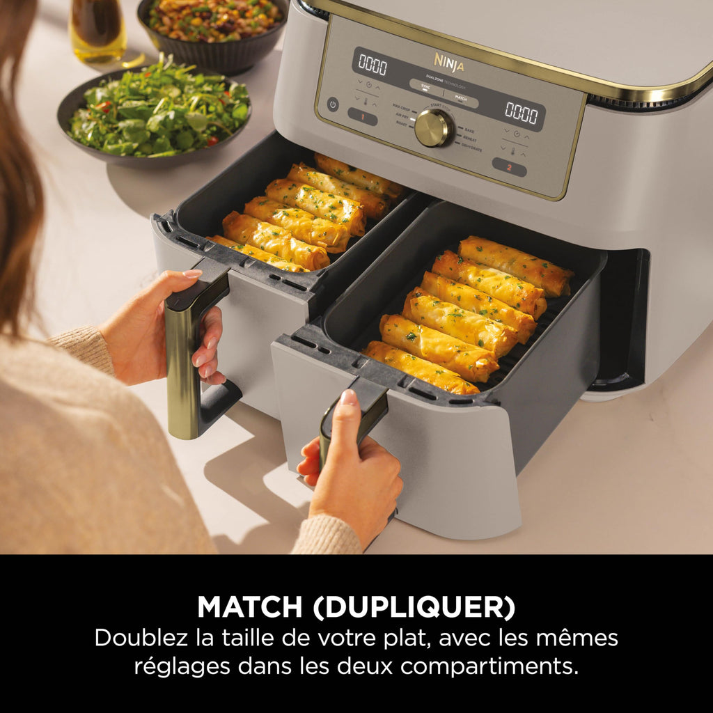 NINJA Dual Zone Max Air Fryer 2 Compartiments, Capacité Familiale de 9,5L, Max 240°C, Air Fryer 6-en1, Pièces Antiadésives Amovibles Lavables Au Lave-Vaisselle, Stone/Or DZ400EUSTGD