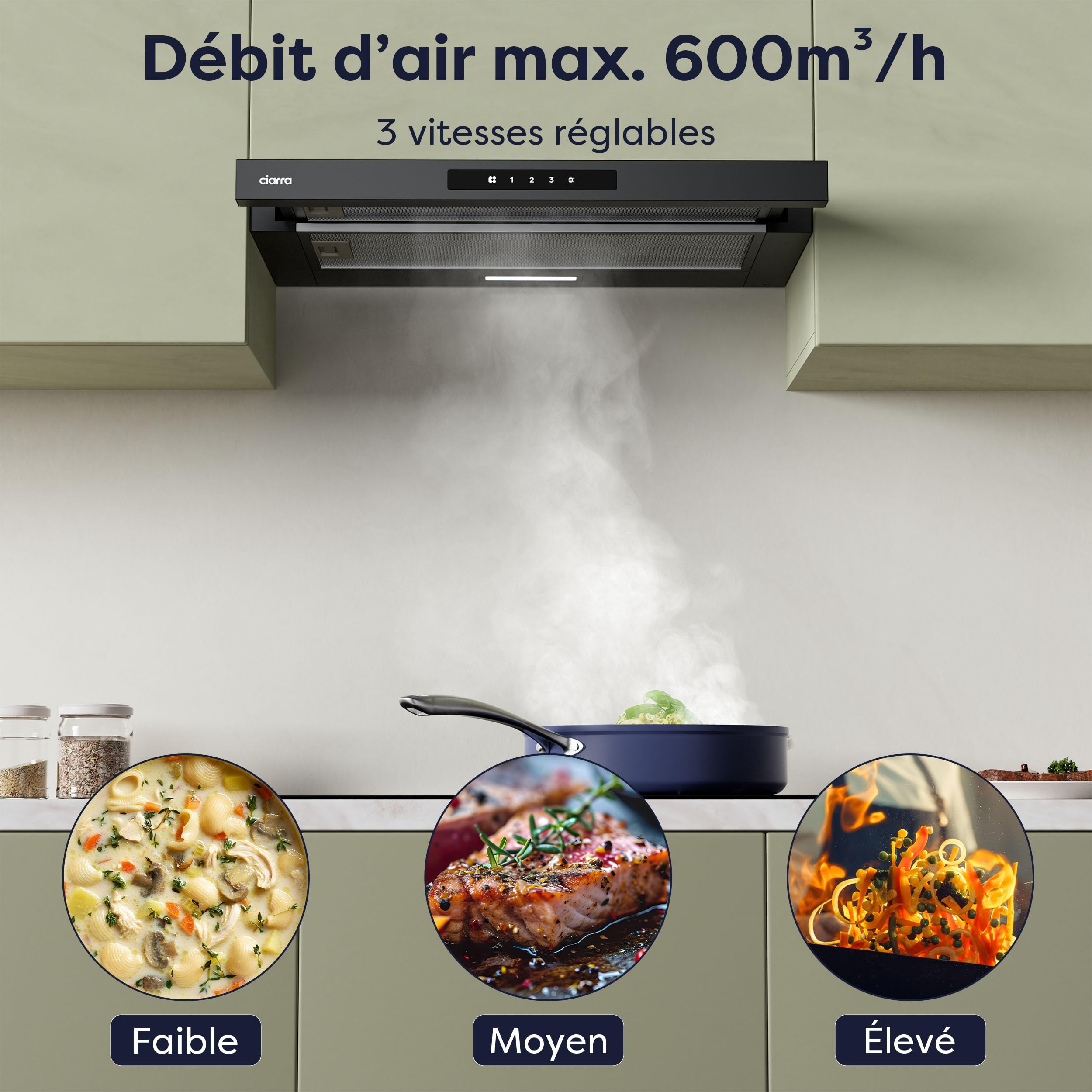 CIARRA CBCB6909A Classe A+ Hotte Télescopique Encastrable 60 cm 600 m³/h, Commande Tactile, 3 Vitesses, Recyclage & Evacuation, Filtre à Charbon CBCF055 Inclus, Noire