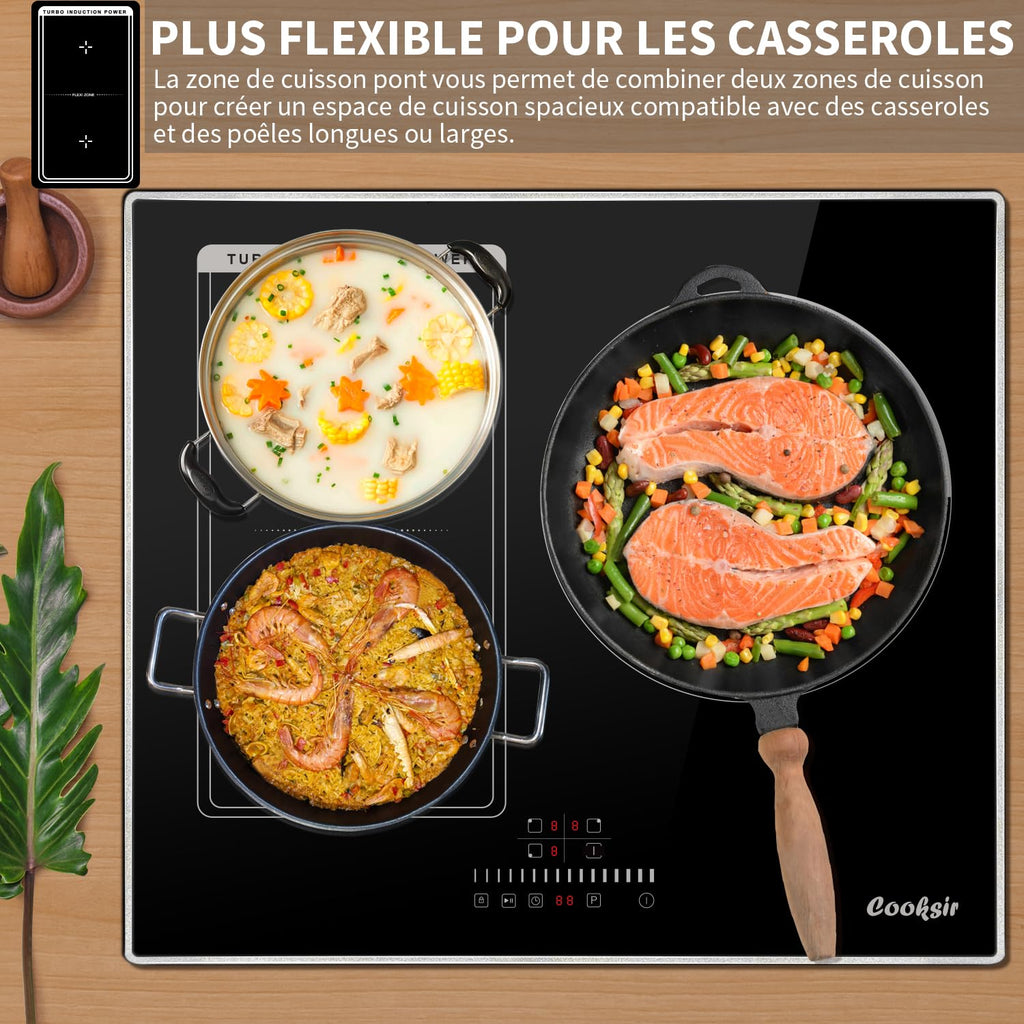 Cooksir Plaque Induction 3 Feux avec Cadre, Table de Cuisson Induction 60cm Encastrable, 6800W, Commande Tactile à Curseur, Bord Inox, Zone Flexibles pour le Grille, Sans Fiche, 240V