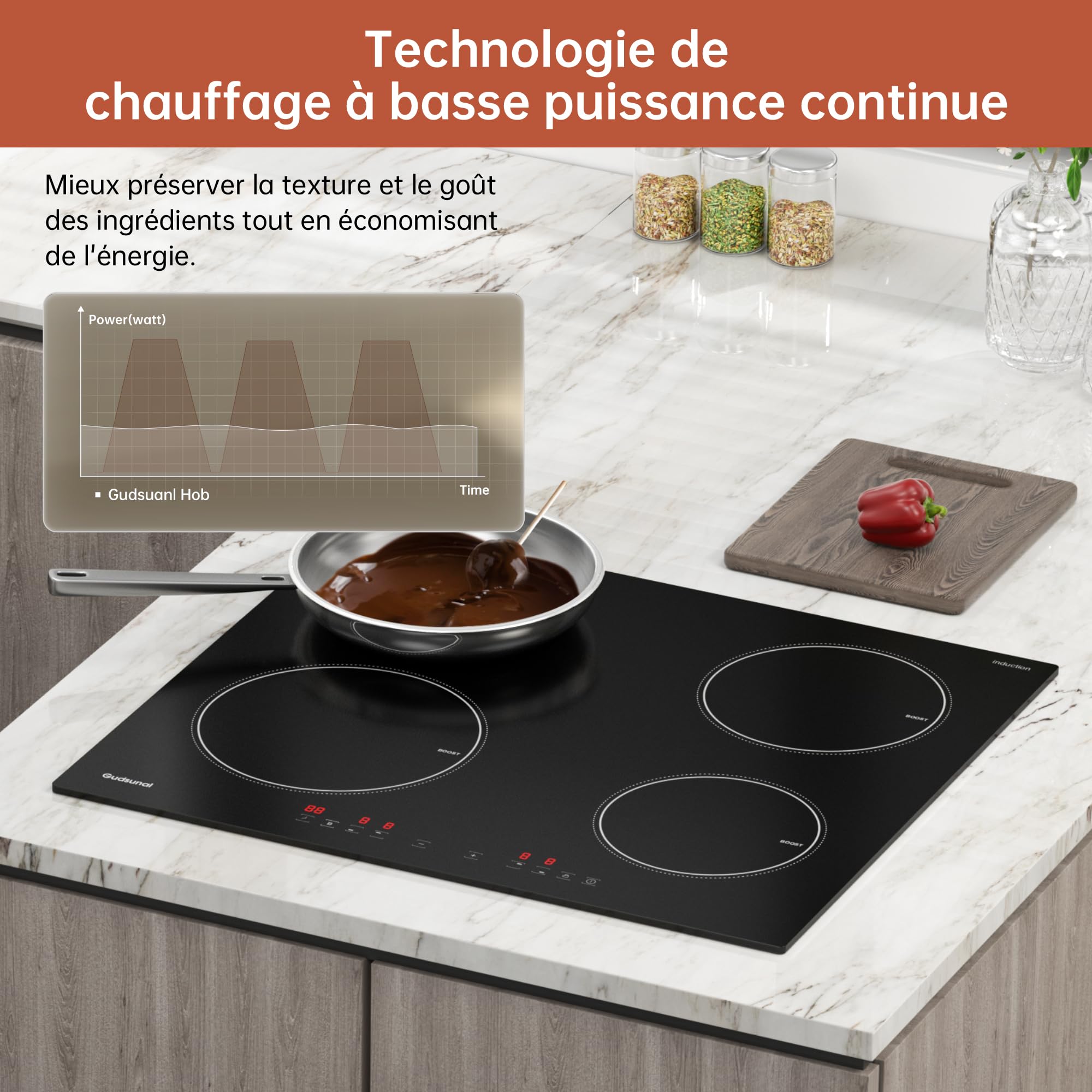 Gudsunal Plaque induction 4 feux, Table de Cuisson Encastrable,7200W, 9 niveaux de chauffage,Boost, Minuterie, Arrêt automatique, Verrouillage de sécu