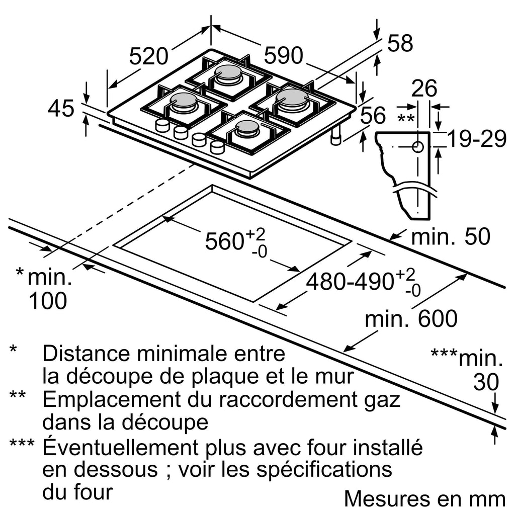 Bosch PPP6A6I40, Série 6, Plaque gaz, 4 feux, 60 cm, Verre trempé noir