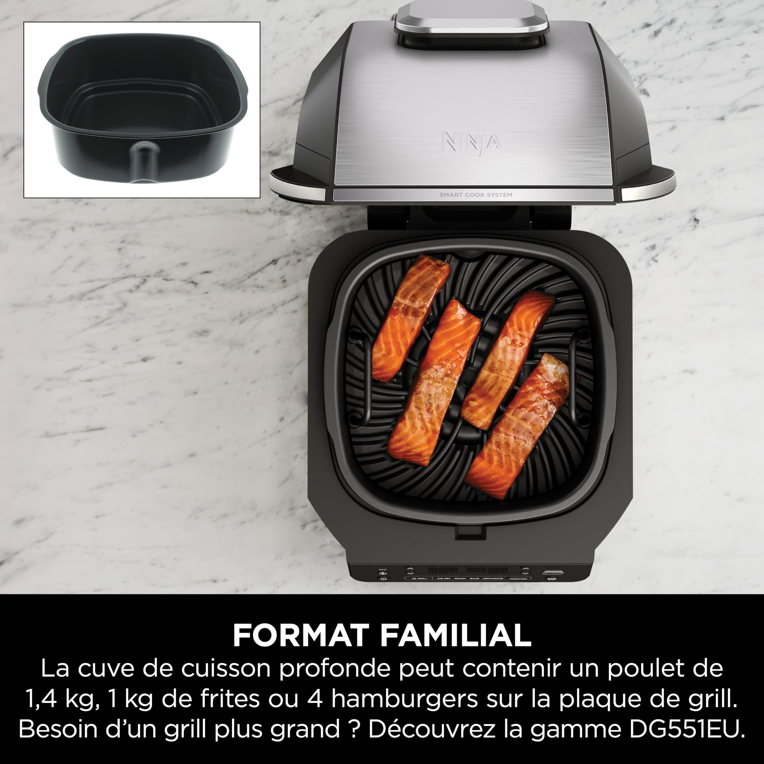 Ninja 5-en-1 Grill d’intérieur et friteuse sans huile, 5 modes, cuit jusqu’à 4 hamburgers, capacité 5,7 l, faible dégagement de fumée, thermomètre à viande numérique inclus, Noir/Argent, EG351EU