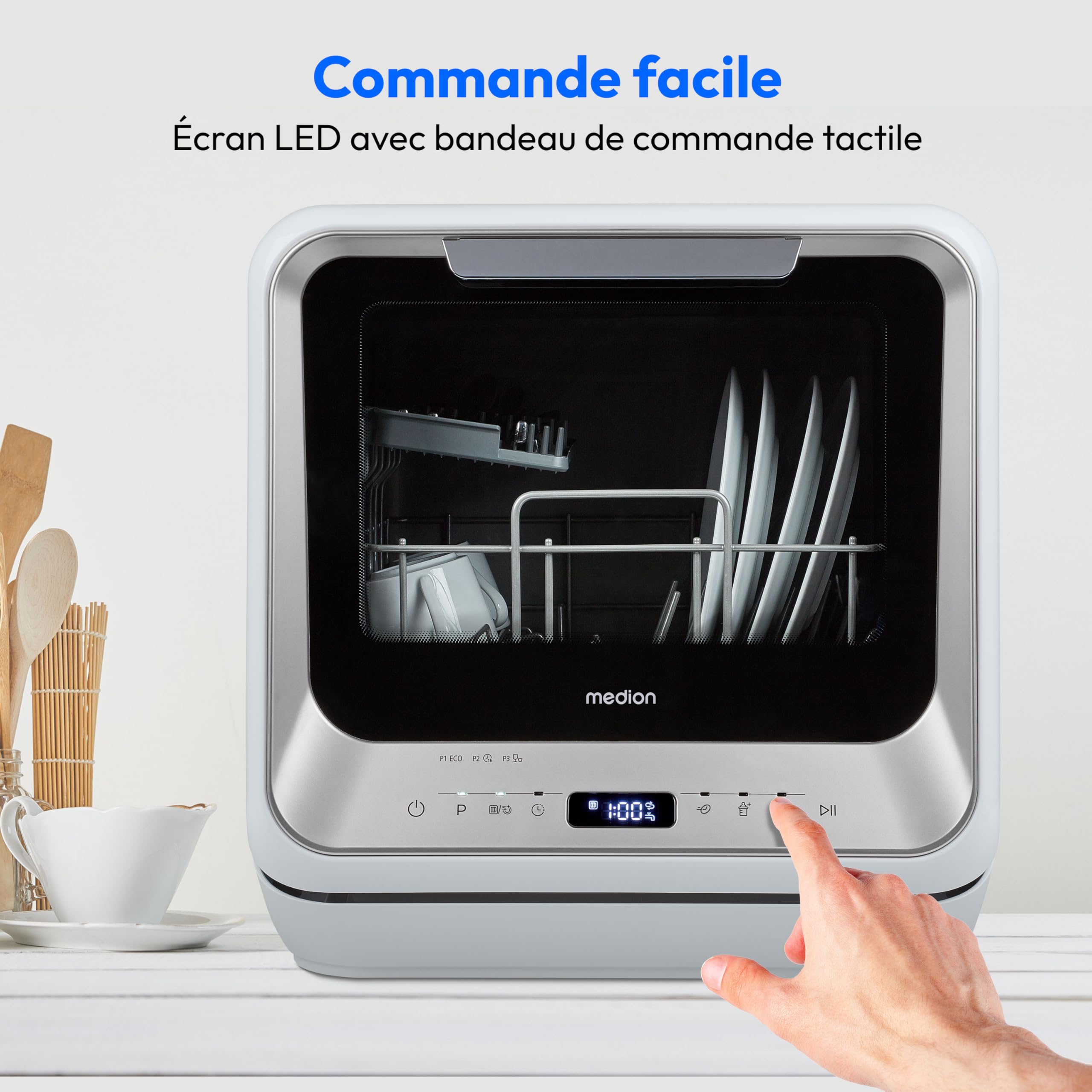 MEDION Mini lave-vaisselle DWT20 (lave-vaisselle de table, lave-vaisselle, 2 couverts, fonctionne avec/sans raccordement à l'eau, 6 programmes de nettoyage, biberons, départ différé, pose libre) argen