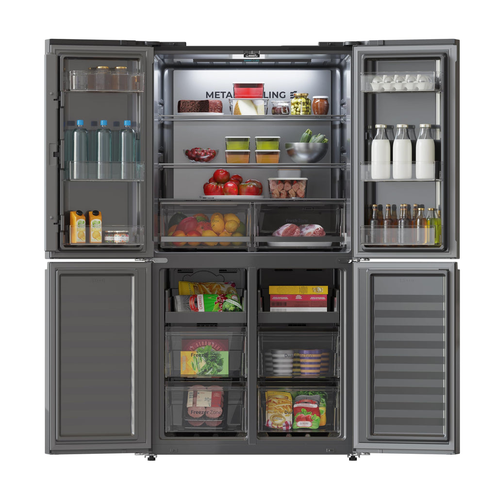 Cecotec Réfrigérateur Américain 4 Portes Bolero CoolMarket 4D 601 Black Glass E. 601L, Moteur Inverter, 90cm, No Frost, ECO, Refroidissement Rapide, Display, Alarme Température, Verre Noir