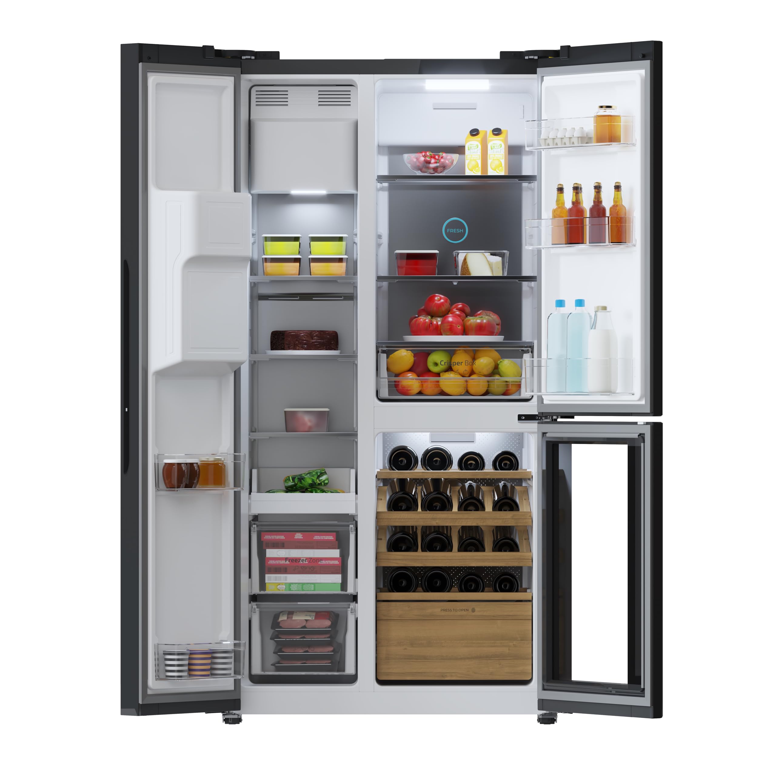 Cecotec Réfrigérateur avec 3 portes Bolero CoolMarket TDW 529 WID Black Glass E. Réfrigérateur 3 portes noir, cave à vin, 529L, Inverter Plus, Total No Frost, E, MultiAirFlow, Fast Cooling.