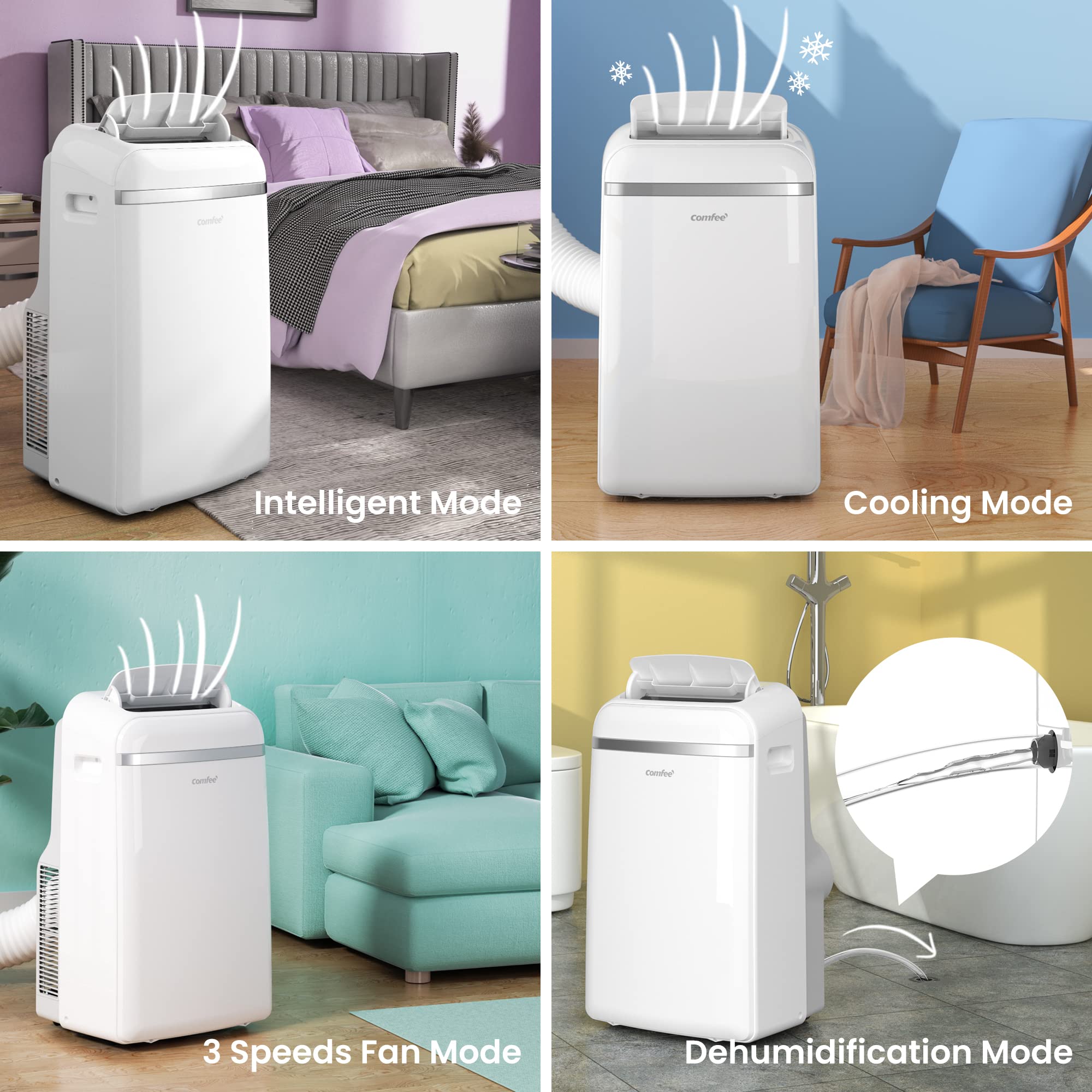 COMFEE' Climatiseur Mobile 12000 BTU/H 3,5 kW, 3 Modes, Fonction Follow Me, Télécommande, pour grandes pièces de 43㎡/117m³, Kit d'évacution inclus, Réfrigérant naturel, PAC 12000