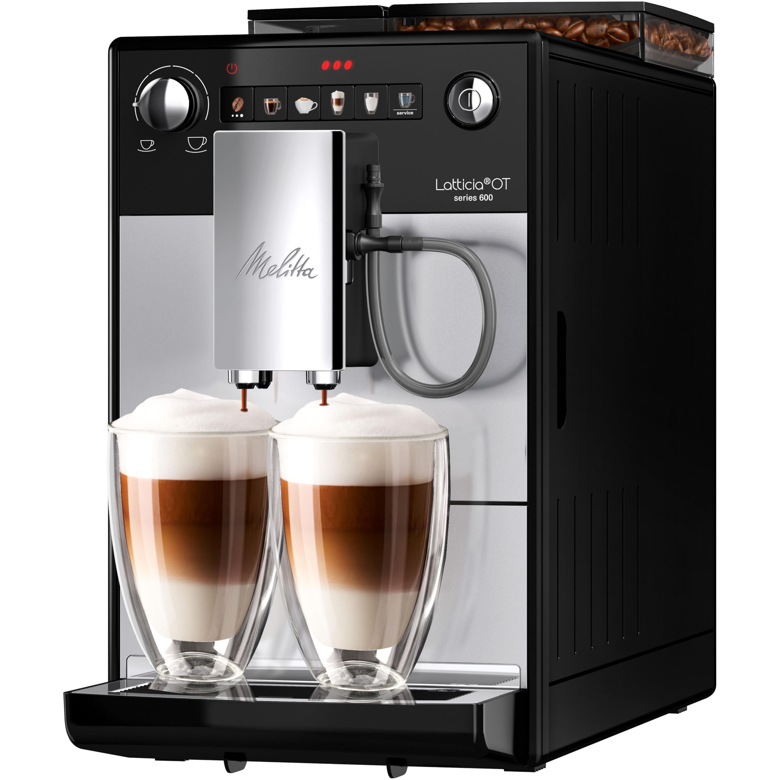 Melitta Latticia One Touch Argent, Machine à Café à Grains avec Broyeur et Système Latte Perfection, Silencieuse, Mode 1 à 2 Tasses, Automatique, F300-101, 1450W