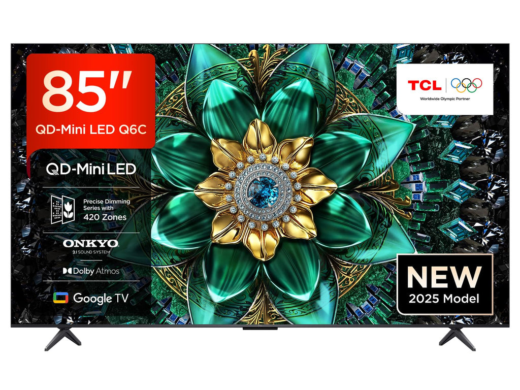 TCL 85Q6C QD-Mini LED TV, 4K HDR Premium 1000nits, Smart TV alimenté par Google (Dolby Vision IQ et Atmos, Panneau HVA Mat, système Audio Onkyo 2.1, Motion Clarity Pro 144Hz)
