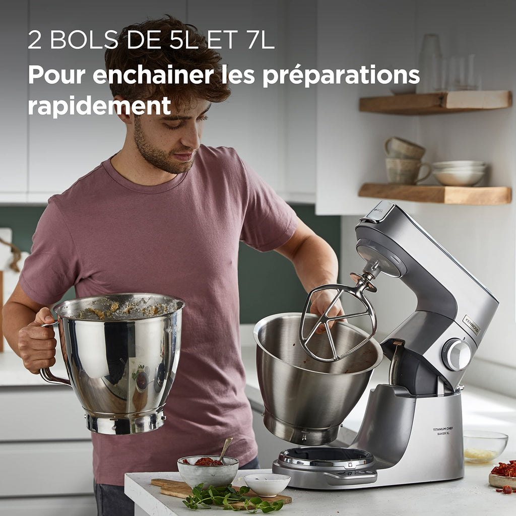 Kenwood Titanium Chef Baker XL, Robot Pâtissier avec Batteur K, Crochet Pétrisseur, Fouet et Bol de 7 Litres, KVL85.424SI, 1200W, Argent