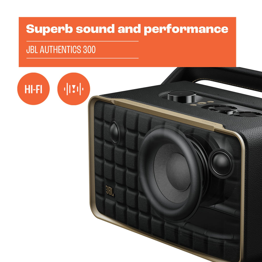 JBL Authentics 300 Enceinte intelligente connectée portable avec WiFi, Bluetooth et assistants vocaux, design rétro, noire