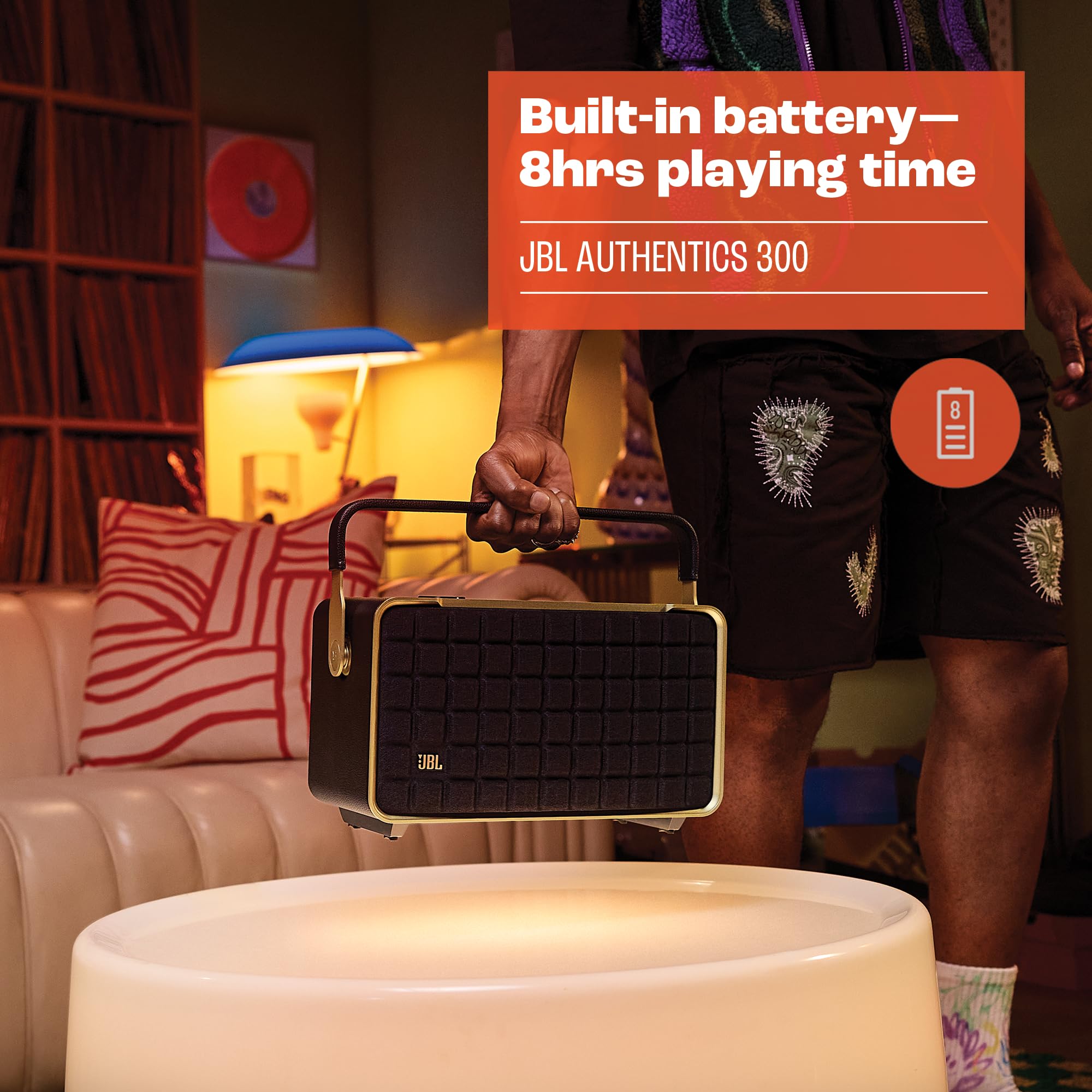JBL Authentics 300 Enceinte intelligente connectée portable avec WiFi, Bluetooth et assistants vocaux, design rétro, noire